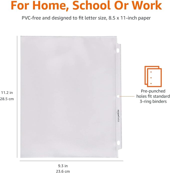 Amazon Basics Sheet Protectors for 3 Ring Binder, Heavyweight, Polypropylene, 8.5 x 11 Inch, 100-Pack, Clear
