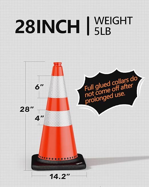 (12 Pack) BATTIFE Traffic Cones 28 Inch with Black Weighted Base, PVC Orange Cone for Traffic Control, Construction Events, Driveway Road Parking Lot