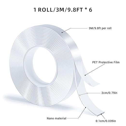 Double Sided Tape, Nano Tape, Transparent Adhesive Tape, Traceless Adhesive Tape, Removable, Washable, Reusable, Suitable for Carpets, Photo Walls, 9.85Ft Per Roll, 6 Rolls