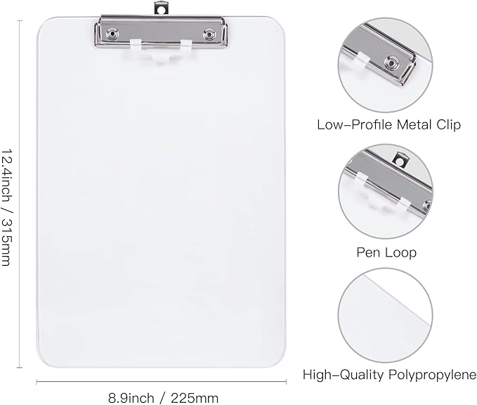 Hongri Plastic Clipboard with Pen Holder, Clear 8.5x11 Letter Size Clip Board for Classroom, Office, Students, Nurses and Women, Low Profile Clip, Size 12.5 x 9 in