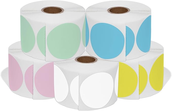 Spartan Industrial 2" Direct Thermal Multicolored Labels | Perforated Custom Circle Logo Stickers - Works with Rollo, Zebra, MUNBYN Desktop Printers - 5 Rolls, 750/Roll