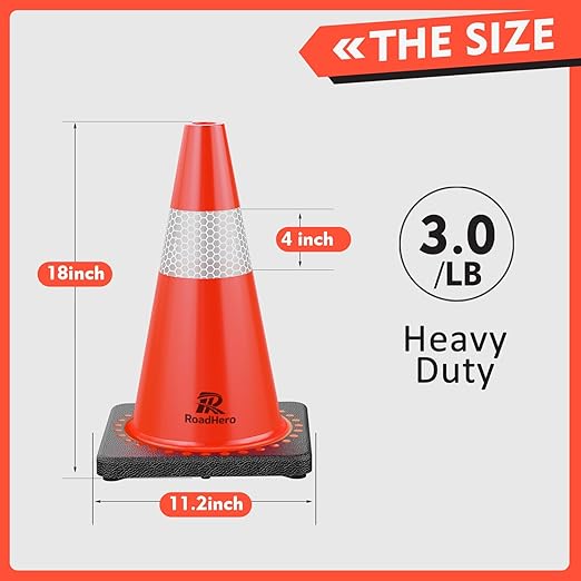 RoadHero 4 Pack Traffic Safety Cones 18 Inch with Black Weighted Base, Plastic PVC Cone, Orange Cones with Reflective Collar, Cones for Parking Lot, Construction Events, Road Safety