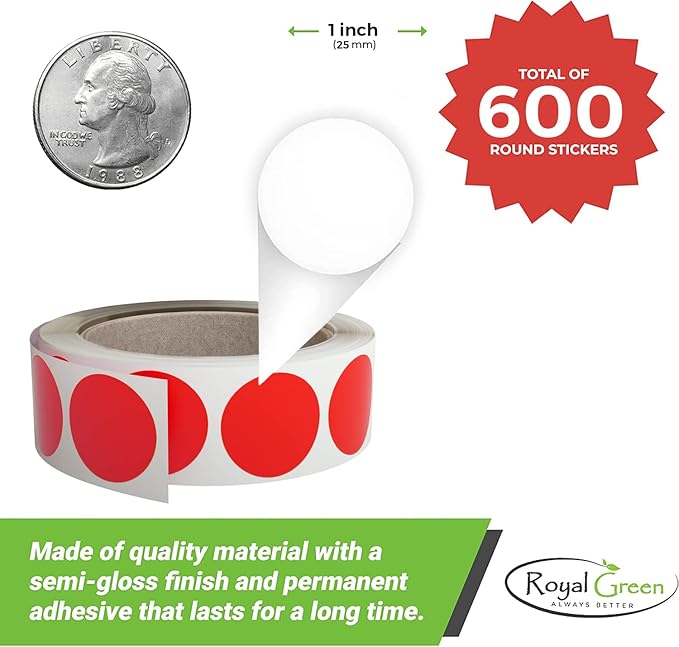 Royal Green Colored Label Dot Stickers for Inventory and Labeling - 25mm/1 Inch Round Sticker in Brown (1Roll - 600 Pack)