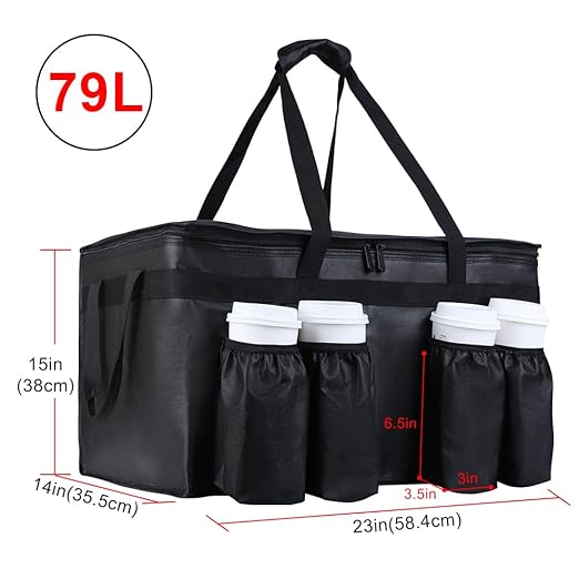 Insulated Food Delivery Bag with 4 Cup Holders, XXX-Large Grocery Bags Keep Food Hot/Cold, Catering Cooler Bags with Drink Carrier, Commercial Food Warmer for Transport & Shopping, Black