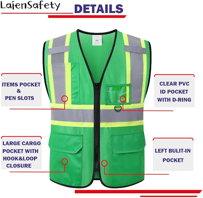 Reflective Safety Vest for Men Women with Multiple Pockets Class 2 High Visibility Mesh Vest Hi Vis Construction Work Vest,Meets ANSI/ISEA Standards(EK1-178-Green-2XL)