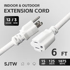 6 FT 12 Gauge Extension Cord Outdoor, Heavy Duty Weatherproof & Flame Retardant Black 3 Prong Power Cord, Outside for Garden & Lawn, 15 Amps 1875 Watts 125 VAC 12AWG SJTW, UL Listed