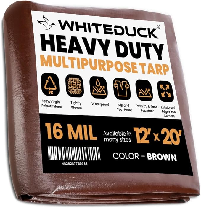 WHITEDUCK Super Heavy Duty Poly Tarp Cover 16 Mil & 10 Mil with Grommets and Reinforced Edges (Brown, White & Silver Black) (Brown- 16 Mil, 12' x 20')