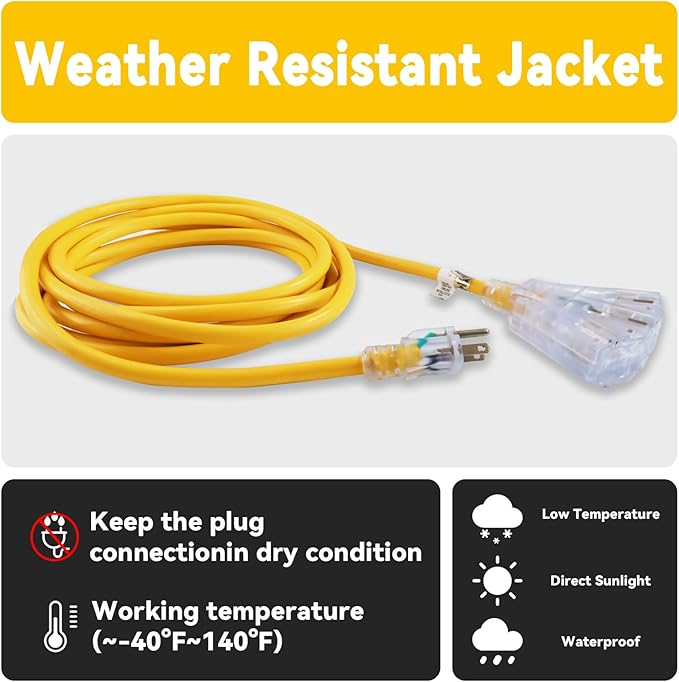 EP 30 Ft 12 Gauge Heavy Duty Extension Cord, 15A 125V 1875W, 3 Outlet Indoor/Outdoor Power Cord with Lighted End, 12/3 SJTW Weatherproof Yellow, UL Listed