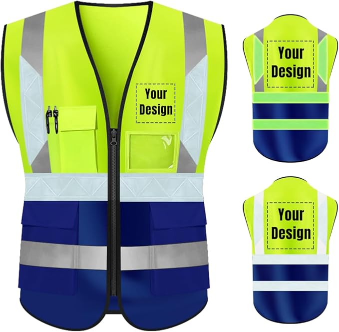 YOWESHOP High Visibility Safety Vest Custom Your Logo Protective Workwear 5 Pockets With Reflective Strips Outdoor Work Vest (L, Yellow Navy Luminous)
