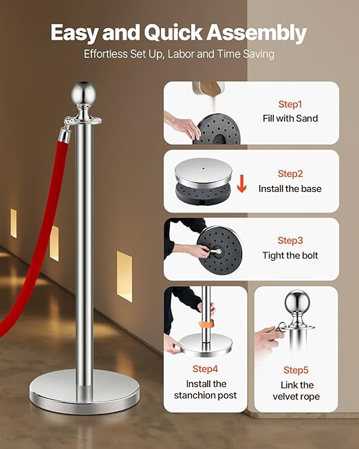 VEVOR Stanchions and Velvet Ropes 4Pcs, Hollow Base with Stainless Steel Post, 2 Red Velvet Ropes and Posts, Crowd Control Barriers Silver Stanchions, Red Carpet Runner Poles for Party Supplies