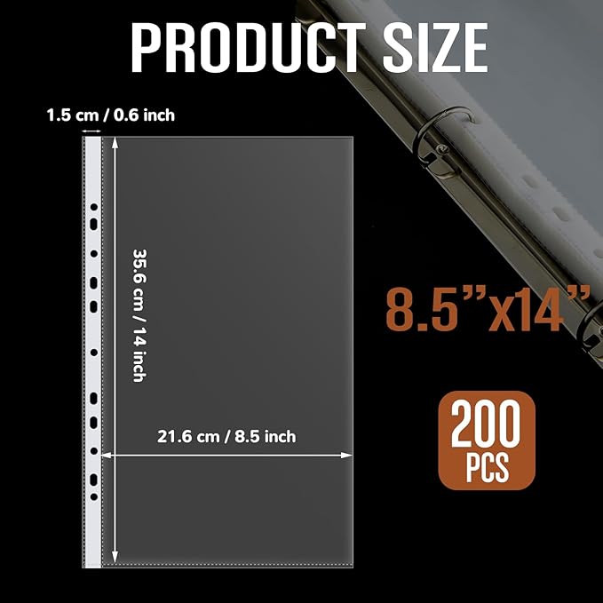 200 Pcs 8.5 x 14 Legal Size Heavyweight Clear Sheet Protectors, Heavy Duty 11-Hole Fit for 3 & 4 Ring Binder, Plastic Page Thick Document Protector, Binder Sleeves for Cards Photo Archive