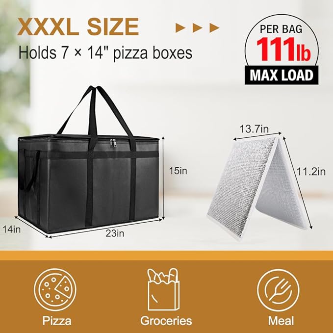 2PK Insulated Food Delivery Bag with Baseboard - Reusable Thermal Cooler Grocery Bags for Catering & Delivery, Pizza Carrier for Events, Large Capacity Bag Keeps Food Hot/Cold for Travel, Commercial
