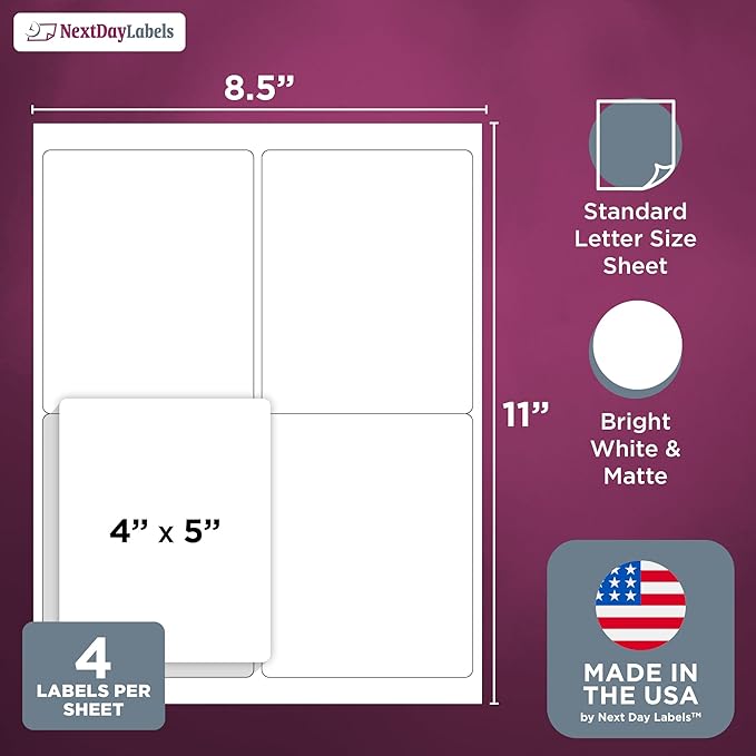 NextDayLabels – 4” x 5” Rectangular Sticker Labels for Printer - White Laser/Inkjet Printer Labels Return Address Labels Shipping Label Stickers (50 Sheets, 4 Per Sheet, 200 Labels)