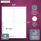 NextDayLabels – 4” x 5” Rectangular Sticker Labels for Printer - White Laser/Inkjet Printer Labels Return Address Labels Shipping Label Stickers (500 Sheets, 4 Per Sheet, 2000 Labels)