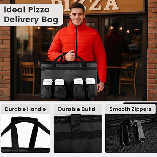 Insulated Food Delivery Bag with 4 Cup Holders, XXX-Large Grocery Bags Keep Food Hot/Cold, Catering Cooler Bags with Drink Carrier, Commercial Food Warmer for Transport & Shopping, Black