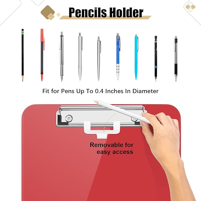 Hongri Plastic Clipboard with Pen Holder, Red 8.5x11 Letter Size Clip Board for Classroom, Office, Students, Nurses and Women, Low Profile Clip, Size 12.5 x 9 in