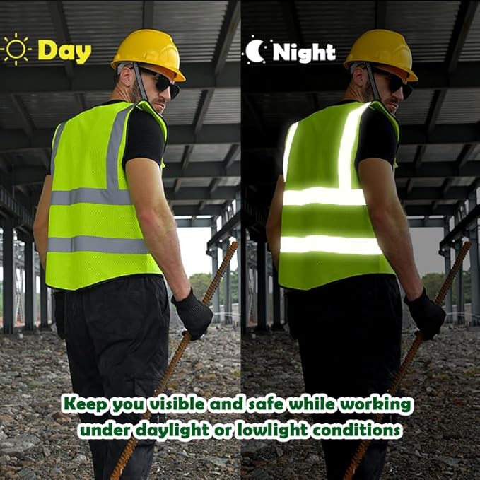 Mesh Safety Vest Custom Logo Class 2 High Visibility Reflective Vest with Pockets Construction Security Work Vest（Yellow，M）