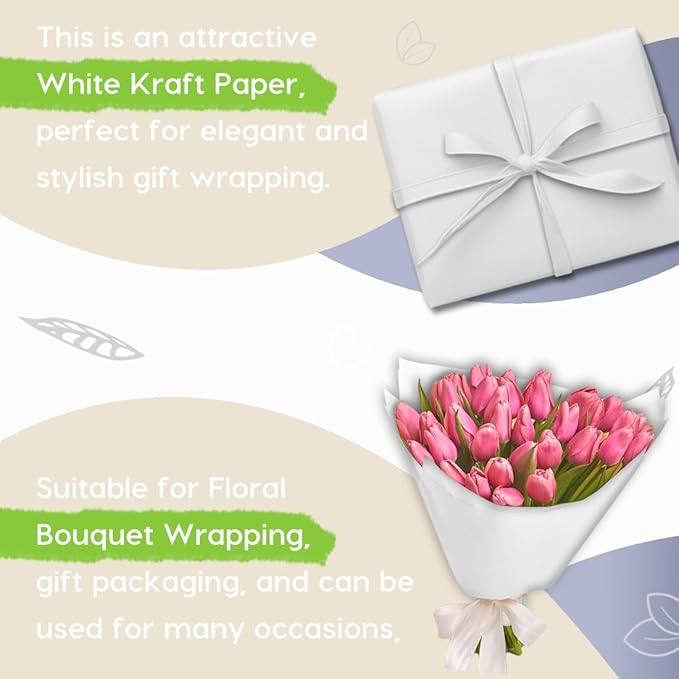 PerkHomy 36" x 1,440" (120') White Kraft Paper Roll for Craft Bulletin Board Paper Art Table Covering Crafting Gift Wrapping Bouquet Packing Parcel 80GSM 55LB (White, 36" x 120')