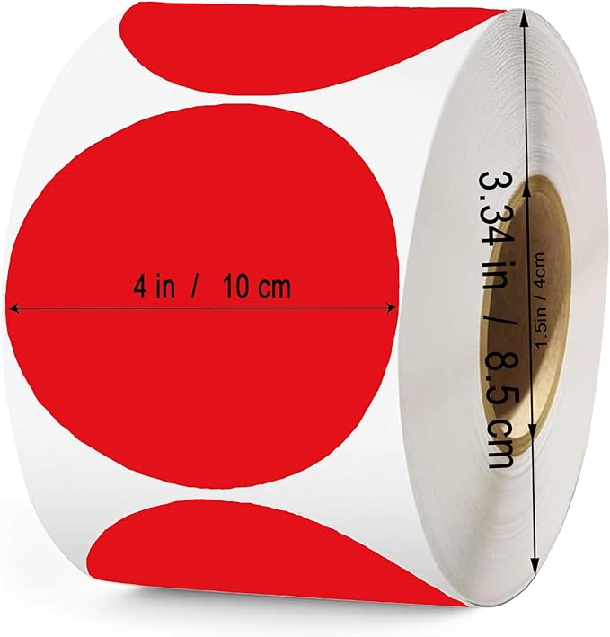 4 Inch Large Red Circle Thermal Labels, Self-Adhesive Round Inventory Stickers, Cardboard Bullseye Tags,Multi-Purpose Round Roll Thermal Printing Stickers for Business and Domestic Use-300 Labels/Roll