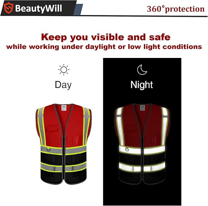 BeautyWill Custom Safety Vest Customized Logo Mesh Vest Class2 High Visibility Reflective Vest with Pockets Workwear（Red Black，M ）