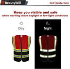 10 Pack Custom Safety Vest Customized Logo Mesh Vest Class 2 High Visibility Reflective Vest with Pockets Workwear（Red Black，S ）
