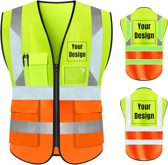 YOWESHOP High Visibility Safety Vest Custom Your Logo Protective Workwear 5 Pockets With Reflective Strips Outdoor Work Vest (2XL, Yellow Orange Luminous)