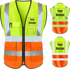 YOWESHOP High Visibility Safety Vest Custom Your Logo Protective Workwear 5 Pockets With Reflective Strips Outdoor Work Vest (2XL, Yellow Orange Luminous)