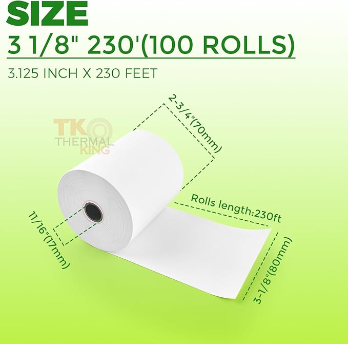 (100 Rolls) 3 1/8" x 230' Thermal Paper, POS Receipt Paper for Retail Business Cash Register, Fits Most Credit Card Terminal Point Of Sale