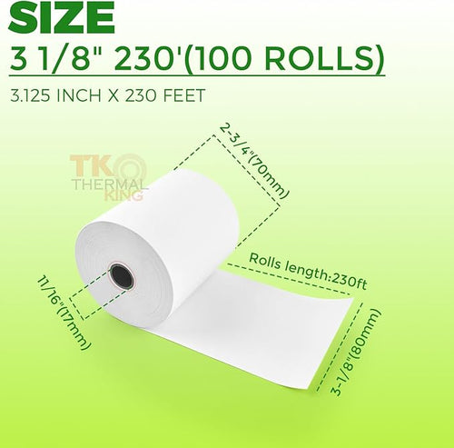 (100 Rolls) 3 1/8" x 230' Thermal Paper, POS Receipt Paper for Retail Business Cash Register, Fits Most Credit Card Terminal Point Of Sale