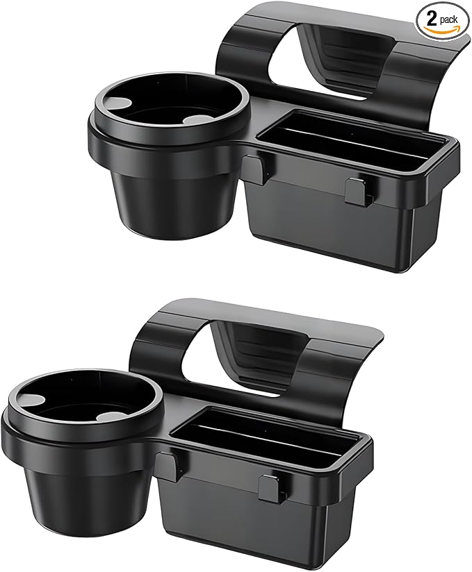 GDQ 4-in-1 Car Window Organizer (2 Pack) - Clip-On Cup Holder & Phone Mount with Hooks | No Drill Universal Fit for SUV/Truck/Sedan | Insert Installatio