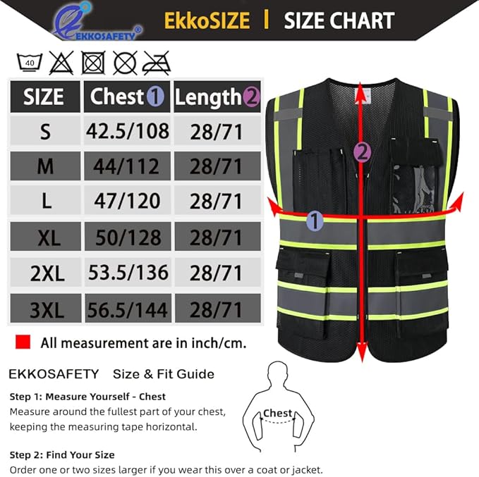 9 Pockes Black Reflecive Safety Vest for Men with Double Stitching Knots around All Pockets and Zipper High Visibility Mesh Construction Work Vest,Meets ANSI/ISEA Standards(EK176-Black-2XL)