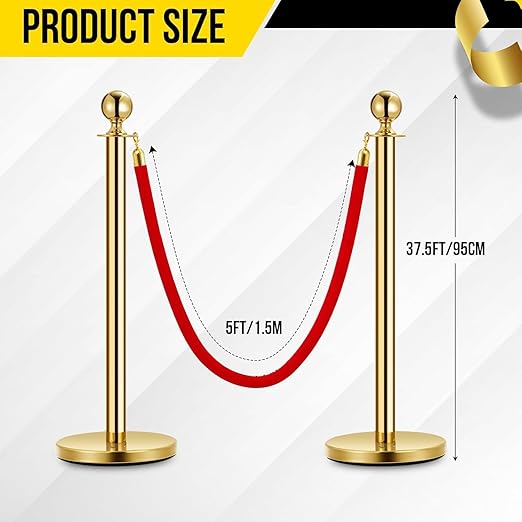 5PCS Gold Stanchion Post, 5 Ft Red Velvet Rope Stainless Steel Crowd Control Barriers Used for Theaters Parties Wedding Museums Exhibition