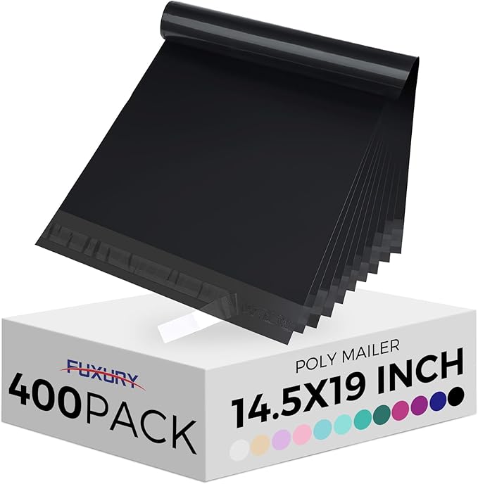 Fuxury Poly Mailers 14.5x19" 400 Pcs Bulk Black Shipping Bags for Clothing Strong Adhesive Shipping Envelopes for Small Business Suppliers Waterproof Mailers Poly Bags Mailing Envelopes