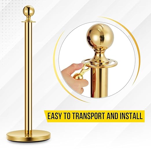 6PCS Gold Stanchion Post, 5 Ft Red Velvet Rope Stainless Steel Crowd Control Barriers Used for Theaters Parties Wedding Museums Exhibition