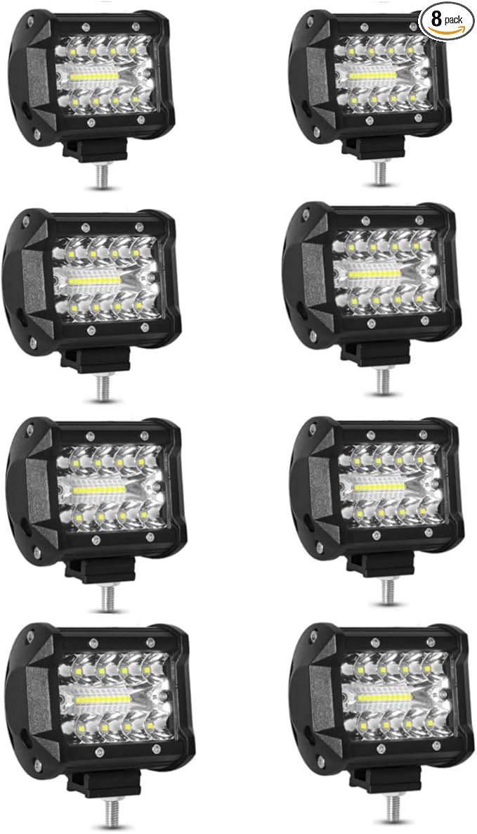 8PCS LED Pods, 4 Inch 60W Light Bar, 4PCS Spot Flood Combo Off Road Triple Row Work 6000LM Driving Fog Lamps for Pickup Truck Jeep ATV UTV SUV Boat Light, 8 Pack White Lights
