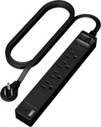 LIDER Outlet Extender with 4 Receptacles, USB-A and 2 USB-C, Ultra-Thin Flat-Plug with Cord Extender, 4-Outlet Power Strip, 45 Degree Angle, Surge Protectect 1500 Joules, 5ft Cord, UL-Listed, Black
