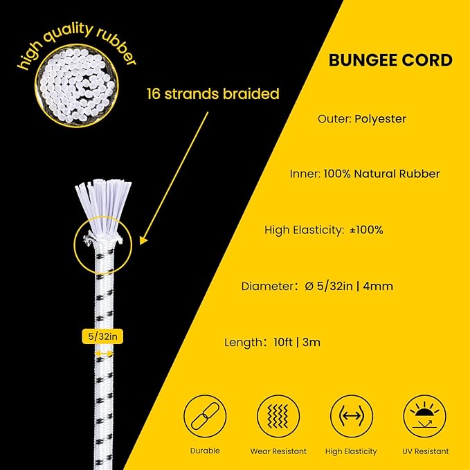 Bungee Cord Elastic Shock Cord 5/32" x 10' Bungee Rope for DIY, Tie Downs, Kayak and Outdoor - White&Black