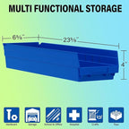 Akro-Mils 30164 Plastic Shelf Bins, Heavy Duty Storage Bins for Garage, Closet, and Drawer Organization, 24-Inch x 6-1/2-Inch x 4-Inch, Blue, 6-Pack