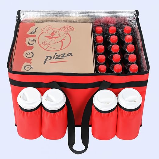 Insulated Food Delivery Bag with 4 Cup Holders, XX-Large Insulated Grocery Bags Keep Food Hot/Cold, Cooler Bags with Drink Carrier, Food Carrier Catering Bag, Commercial Food Warmer Bag, Red