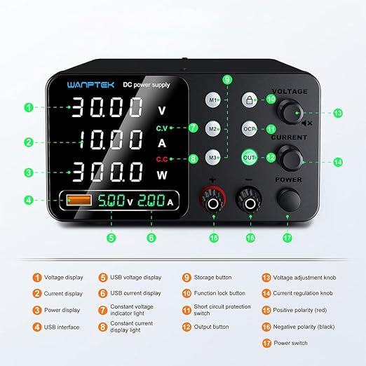 DC Power Supply Variable, 30V 10A Adjustable Switching Regulated Bench Power Supplies with Memory Preset/Locking Key/OCP Protection/Output/USB Fast Charging /4-Digit LED Display