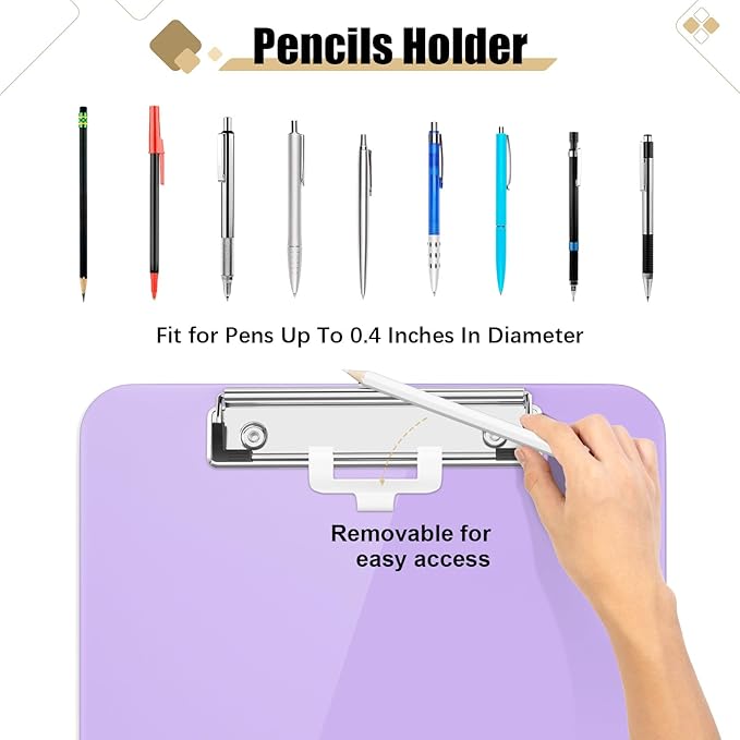 Hongri Plastic Clipboard with Pen Holder, Purple 8.5x11 Letter Size Clip Board for Classroom, Office, Students, Nurses and Women, Low Profile Clip, Size 12.5 x 9 in