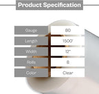 12" x 1500' x 80 Gauge Cast Hand Stretch Wrap Plastic Shrink Film 3” Core - 8 Rolls = 2 Cases