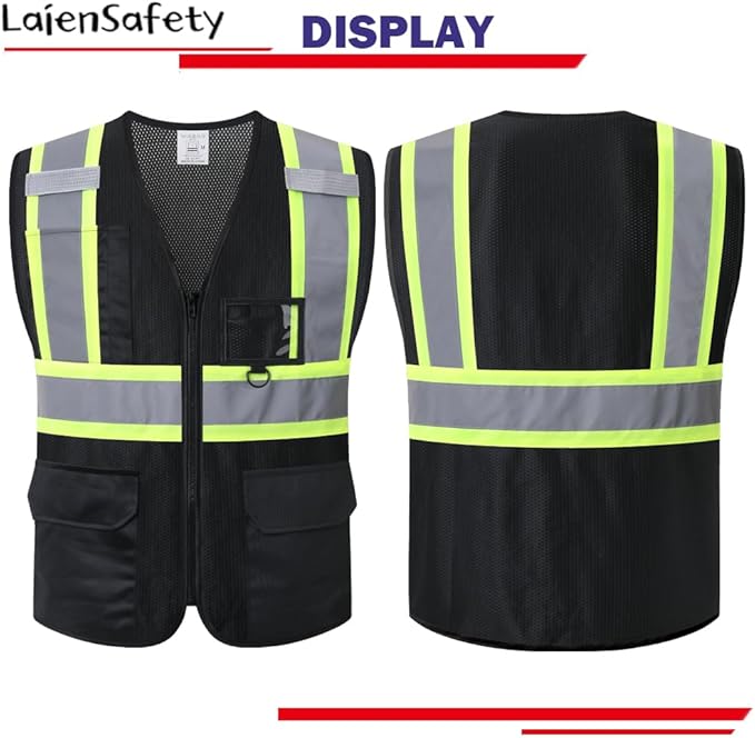 Reflective Safety Vest for Men Women with Multiple Pockets Mesh High Visibility Vest Hi Vis Construction Work Vest,Meets ANSI/ISEA Standards(EK1-178-Black-XL)