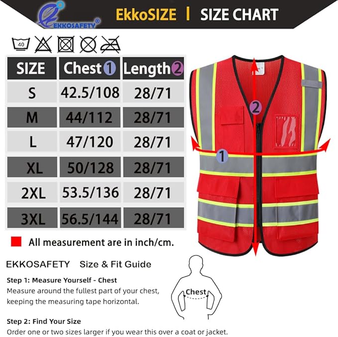 Reflective Mesh Safety Vest for Men Women with 5 Pockets and Zipper Front High Visibility Vest Hi Vis Construction Work Vest,Meets ANSI/ISEA Standards(EK175-Red-XL)