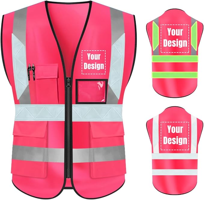 YOWESHOP High Visibility Safety Vest Custom Your Logo Protective Workwear 5 Pockets With Reflective Strips Outdoor Work Vest (4XL, Pink Luminous)