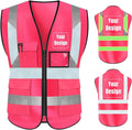 YOWESHOP High Visibility Safety Vest Custom Your Logo Protective Workwear 5 Pockets With Reflective Strips Outdoor Work Vest (S, Pink Luminous)