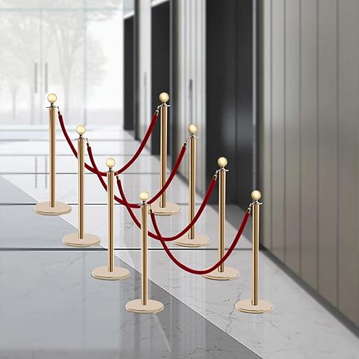 8 PCS Gold Stanchion Posts Queue, Crowd Control Stanchion with 5 Feet Velvet Ropes, Red Carpet Safety Barrier for Party Supplies