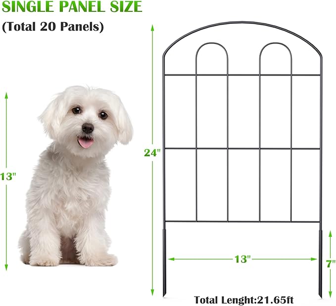 20 Pack Decorative Garden Fence Outdoor - 24in H x 22ft L Rust-Proof Coated Wrought-Iron Panels, Foldable Landscape Border for Patio Flower Beds, Animal Barrier & Yard Decor