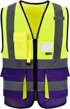 Yellow&Purple 4XL-5XLHigh Visibility Safety Vest with ZIPPER 4 Reflective Strips 7 Pockets