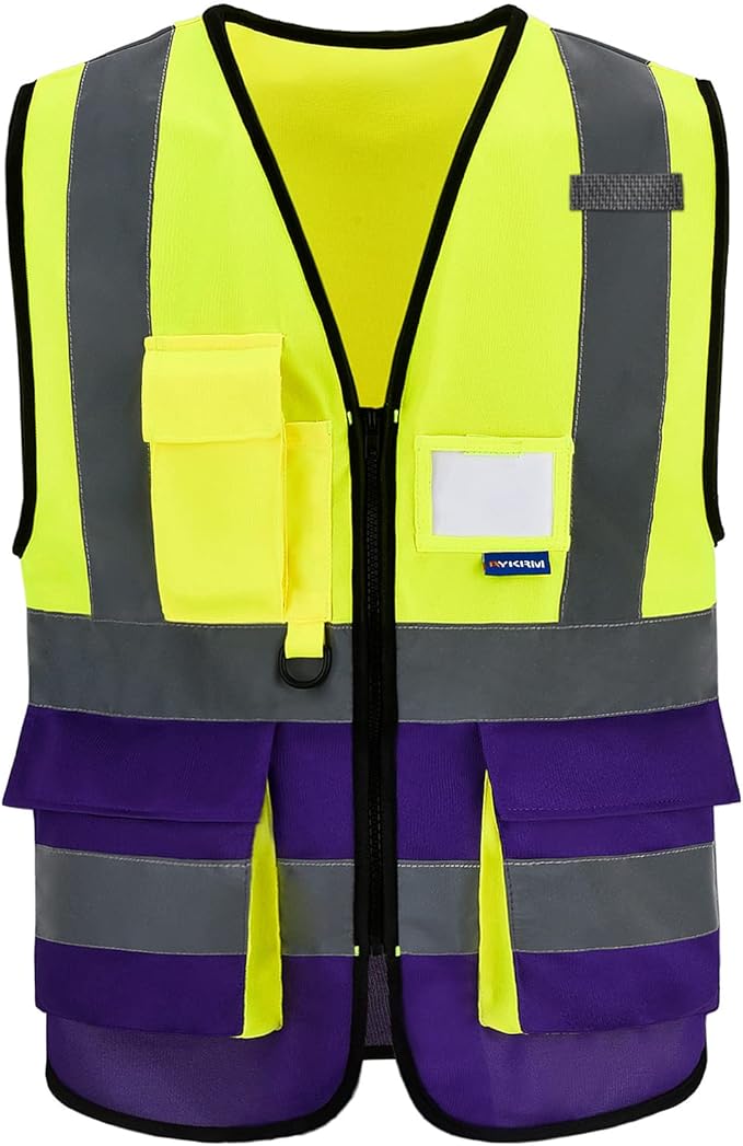 Yellow&Purple X-Small High Visibility REFLECTIVE Safety Vest with 4 Reflective Strips 7 Pockets ZIPPER